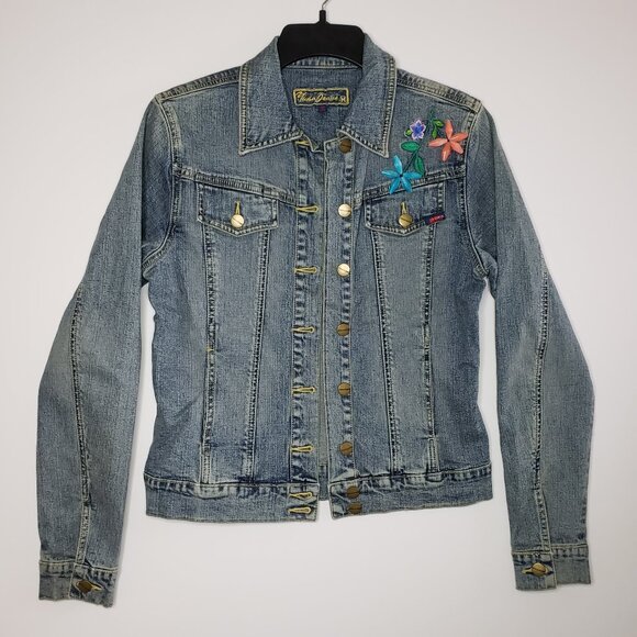 NWOT Vintage YUKA JEANS Embroidered Floral Denim Jacket Women's S/M Blue Beads - Picture 3 of 14